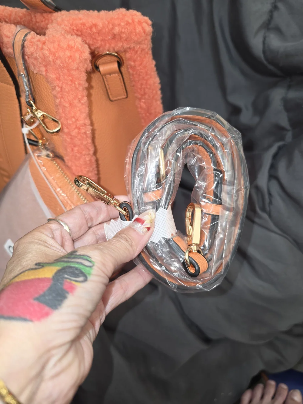 Orange Shearling Trim "The Tote Bag" with Detachable Wallet - Picture 8 of 11
